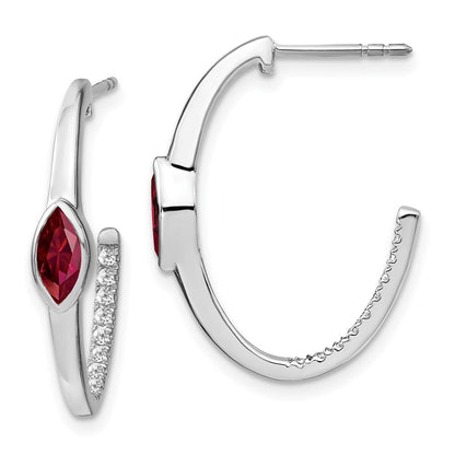 14K Weißgold Ohrringe mit Marquise-Rubin (synthetisch) und echten Diamanten, J-Creolen