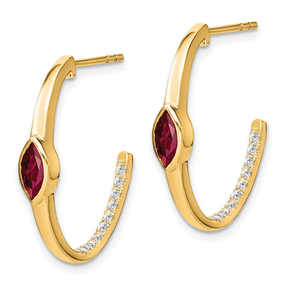 14K Gelbgold Ohrringe mit Marquise-Ruby (synthetisch) und echten Diamanten im J-Hoop-Design