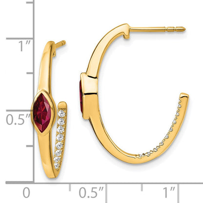 14K Gelbgold Ohrringe mit Marquise-Ruby (synthetisch) und echten Diamanten im J-Hoop-Design