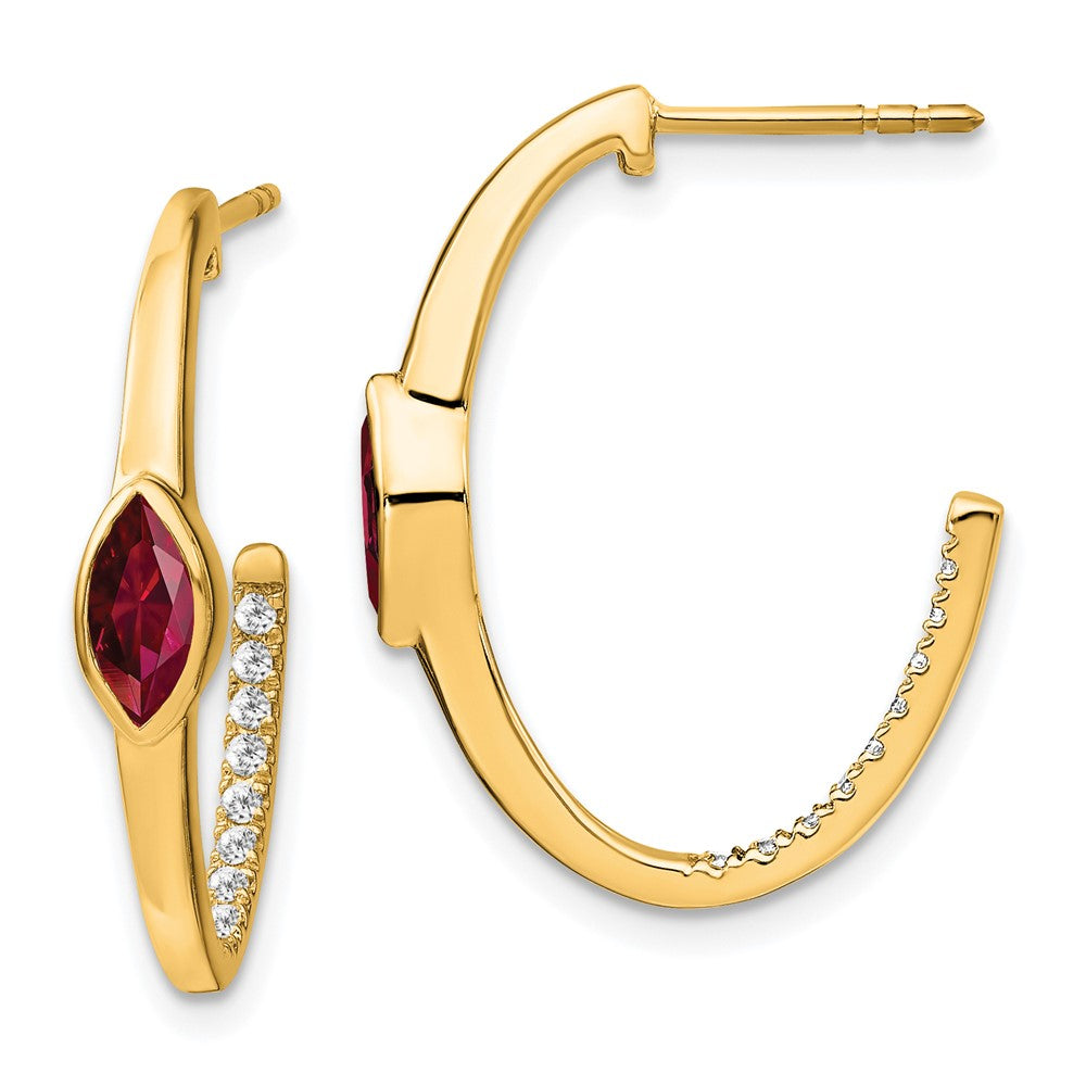 14K Gelbgold Ohrringe mit Marquise-Ruby (synthetisch) und echten Diamanten im J-Hoop-Design