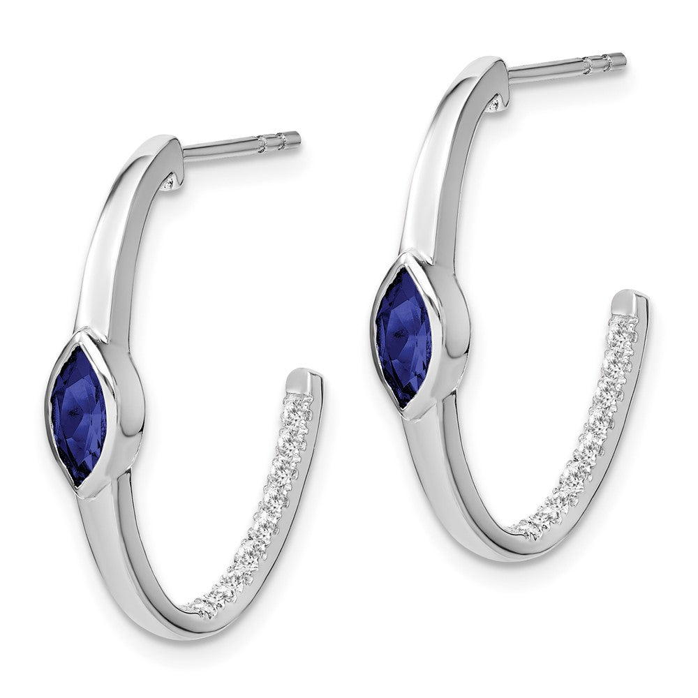 14K Weißgold Ohrringe mit marquiseförmigem synthetischem Saphir und echtem Diamant, J-Creolen