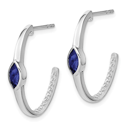 14K Weißgold Ohrringe mit marquiseförmigem synthetischem Saphir und echtem Diamant, J-Creolen