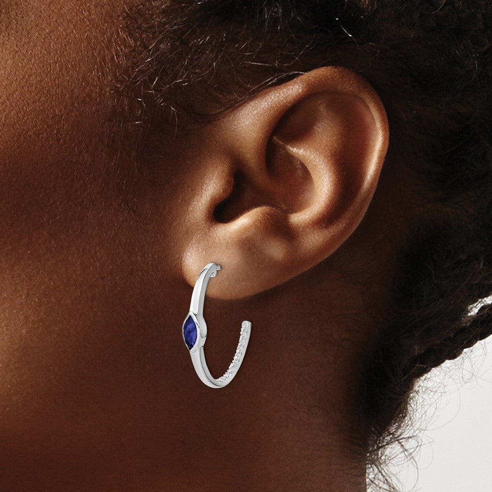 14K Weißgold Ohrringe mit marquiseförmigem synthetischem Saphir und echtem Diamant, J-Creolen