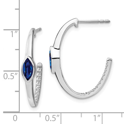 14K Weißgold Ohrringe mit marquiseförmigem synthetischem Saphir und echtem Diamant, J-Creolen