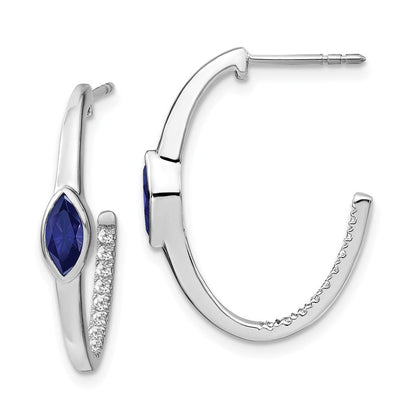 14K Weißgold Ohrringe mit marquiseförmigem synthetischem Saphir und echtem Diamant, J-Creolen