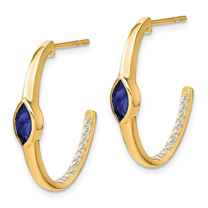 14K Gelbgold Ohrringe mit Marquise-Zuchtsaphir und echten Diamanten, J-Creolen