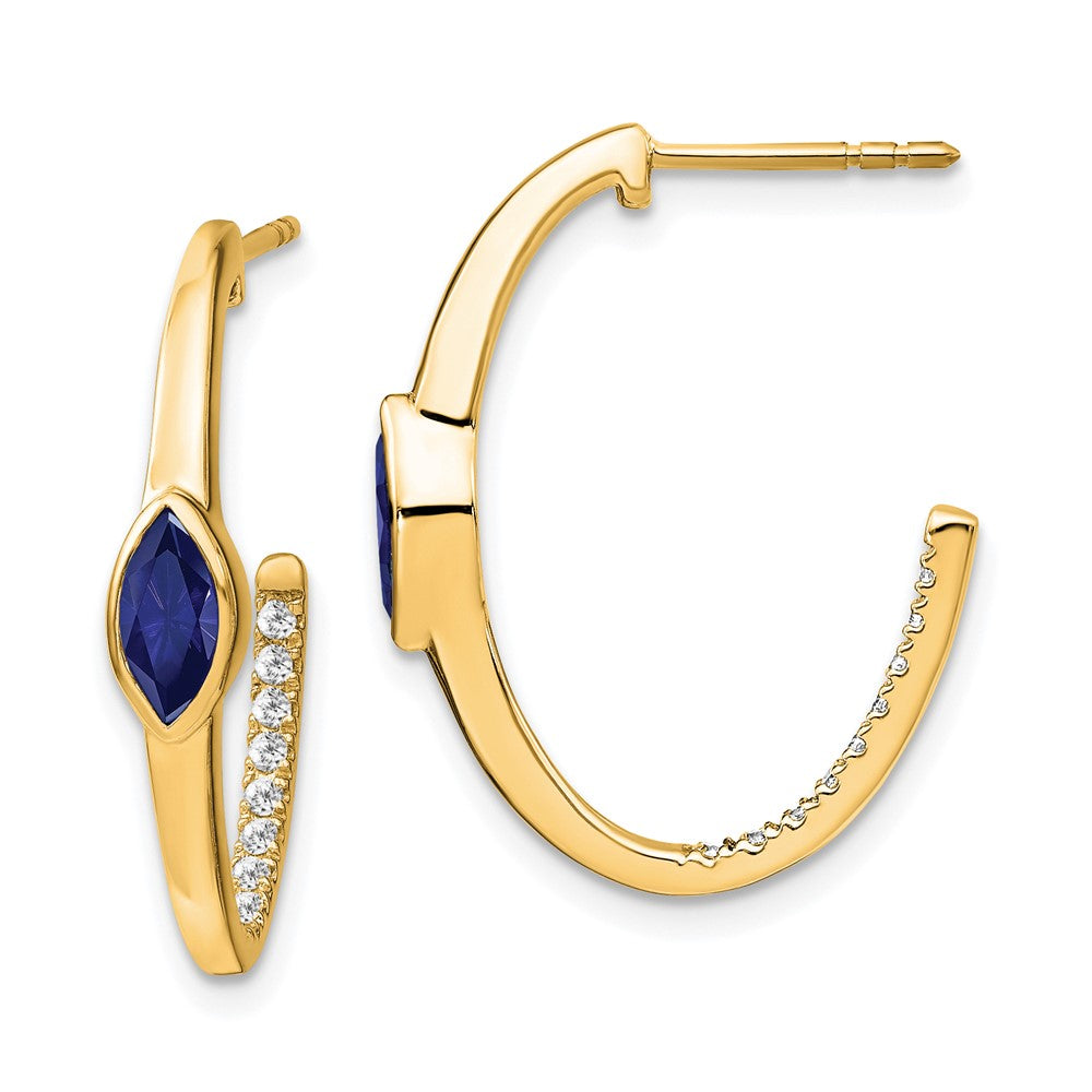 14K Gelbgold Ohrringe mit Marquise-Zuchtsaphir und echten Diamanten, J-Creolen