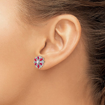 14K Weißgold Ohrstecker mit Rubin und echten Diamanten
