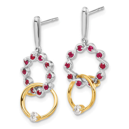 14K Gelbgold Zweifarbige Ohrringe mit Rubin und echtem Diamant
