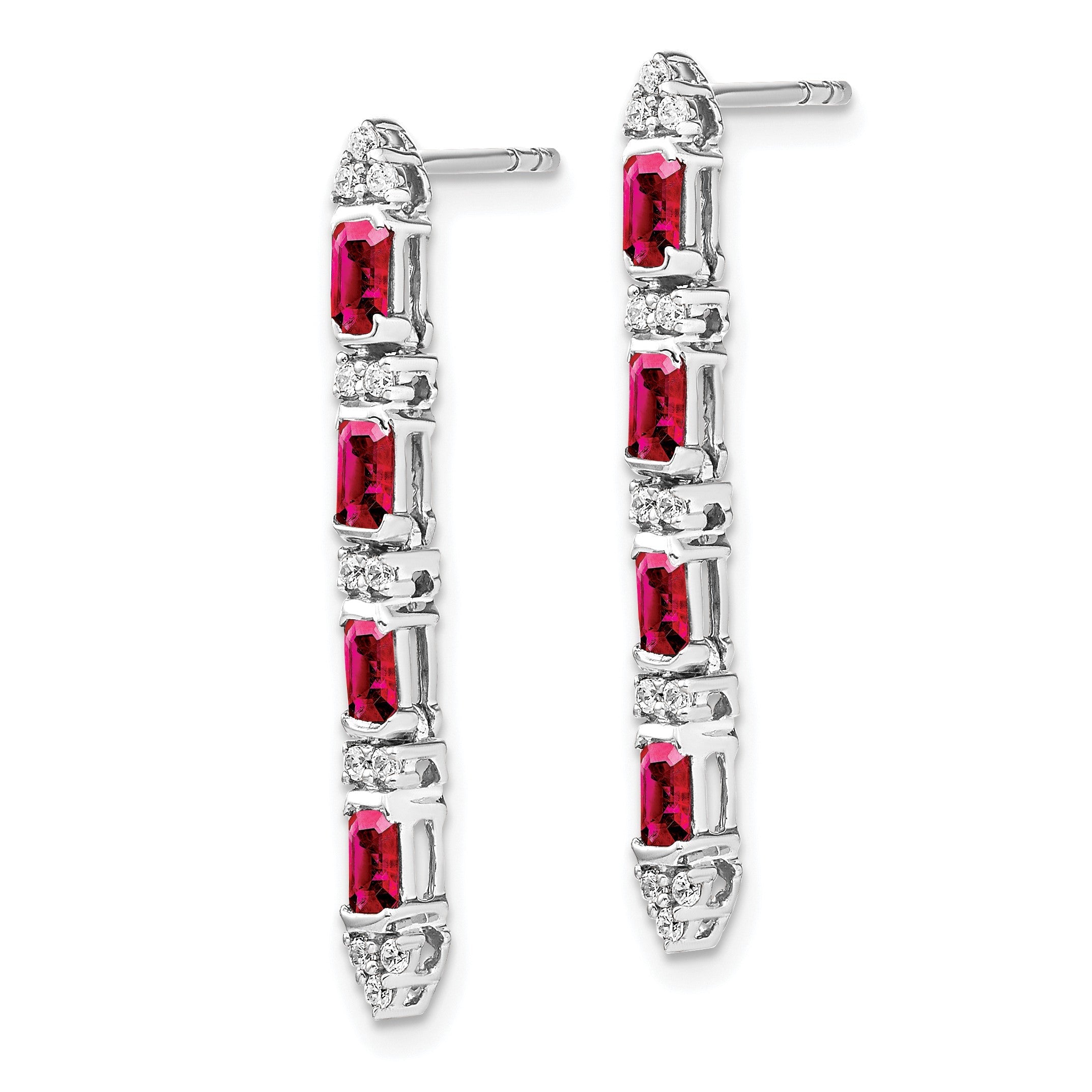 14K Weißgold Ohrhänger mit Rubin und Echtem Diamant, 4 Steine