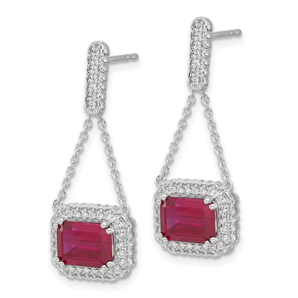 14K Weißgold Ohrhänger mit synthetischem Rubin und echtem Diamant