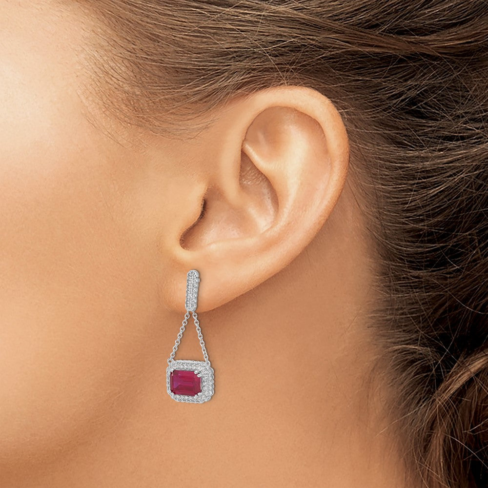 14K Weißgold Ohrhänger mit synthetischem Rubin und echtem Diamant