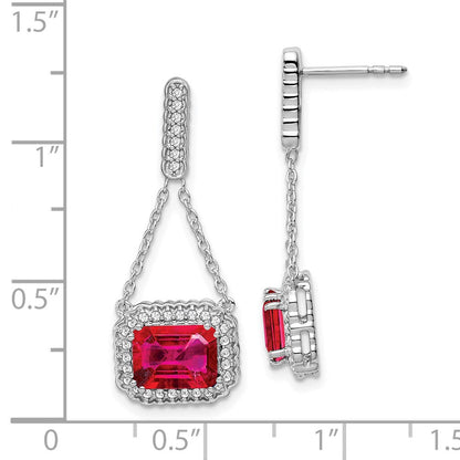 14K Weißgold Ohrhänger mit synthetischem Rubin und echtem Diamant