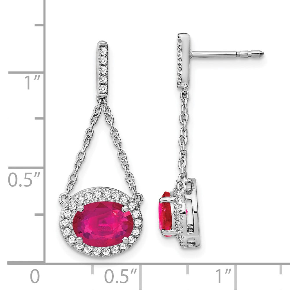 14K Weißgold Ohrhänger mit ovalem synthetischem Rubin und echten Diamanten