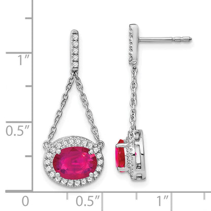 14K Weißgold Ohrhänger mit ovalem synthetischem Rubin und echten Diamanten