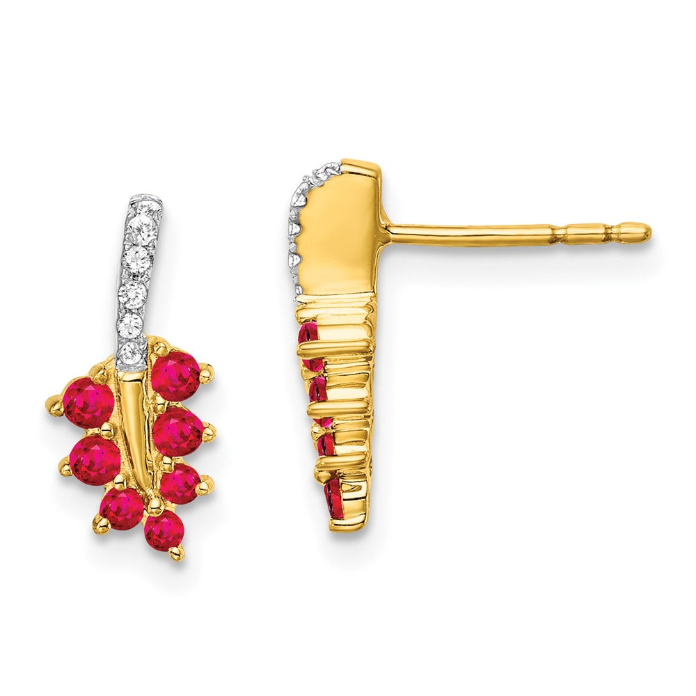 14K Gelbgold Ohrringe mit Rubin und echten Diamanten in Blattdesign