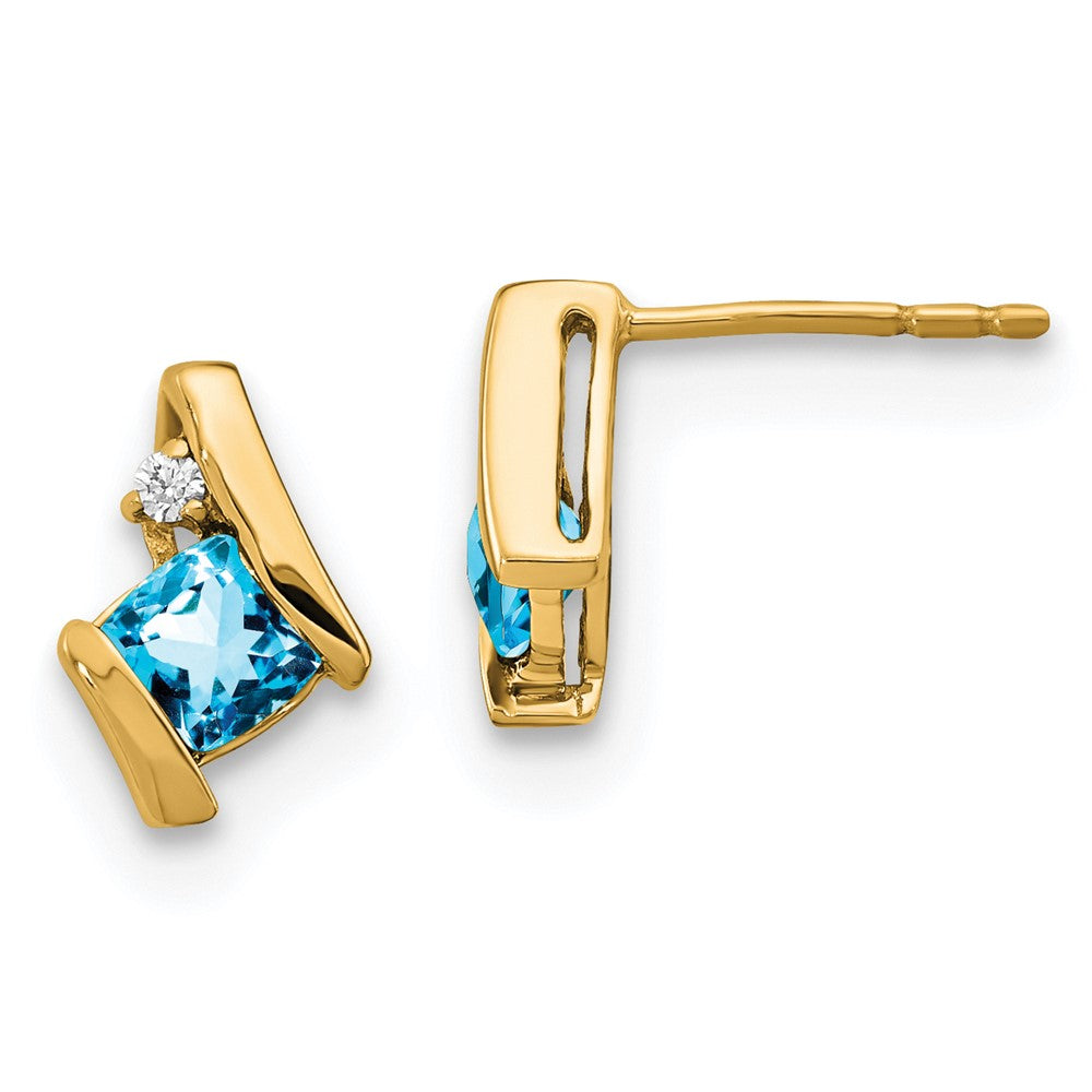 10K Gelbgold Kissen Blautopas und Diamant Ohrringe