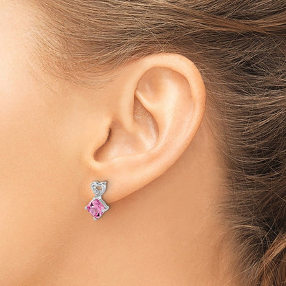 14K Weißgold Ohrringe mit Herz aus gezüchtetem pinkfarbenem Saphir und echtem Diamant