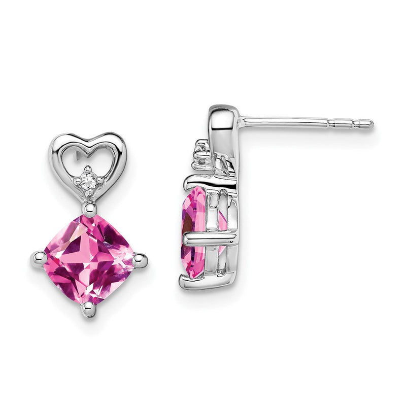 14K Weißgold Ohrringe mit Herz aus gezüchtetem pinkfarbenem Saphir und echtem Diamant