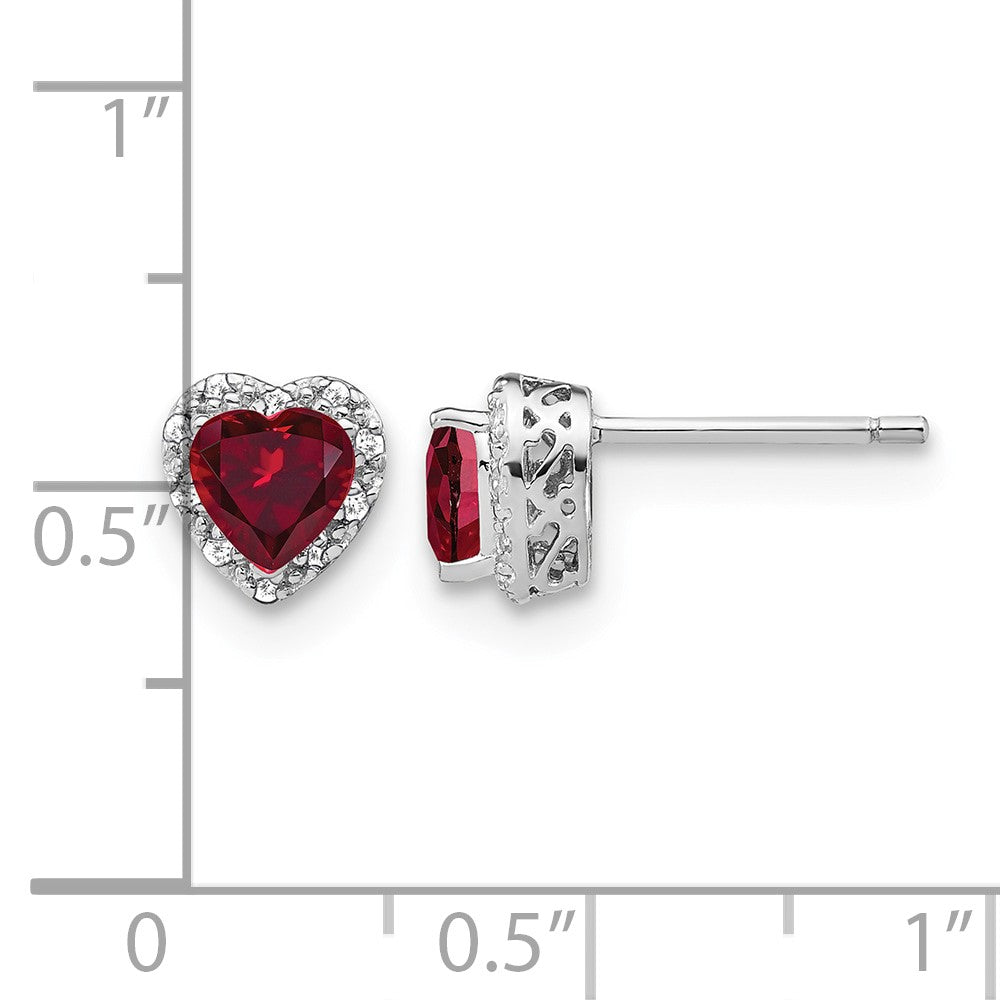 14K Weißgold Ohrstecker mit 0,1 ct. Labor-Diamanten VS/SI+ G+ und gezüchtetem Rubin, Herz-Halo-Design