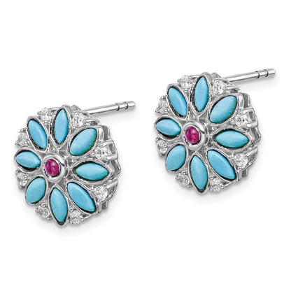 14K Weißgold Türkis/creat. Rubin/wht. Topas Blumen Ohrringe