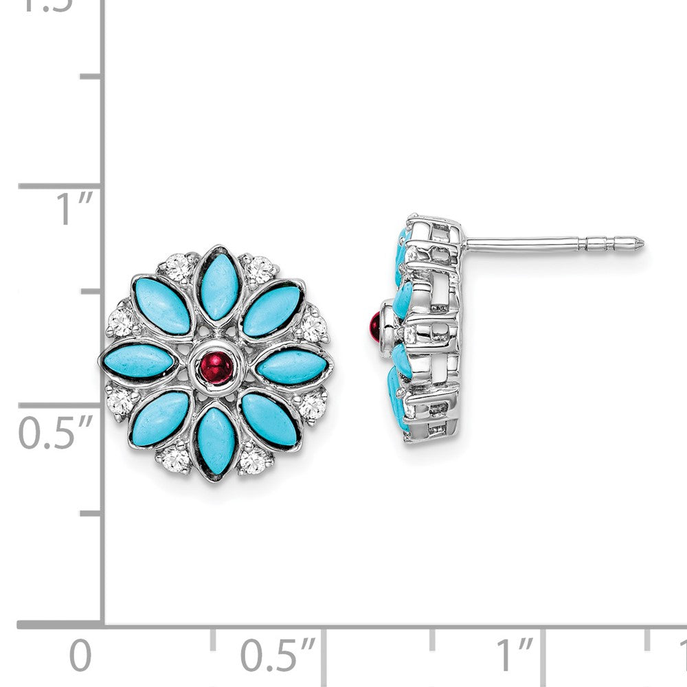 14K Weißgold Türkis/creat. Rubin/wht. Topas Blumen Ohrringe