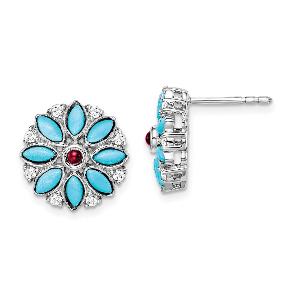 14K Weißgold Türkis/creat. Rubin/wht. Topas Blumen Ohrringe