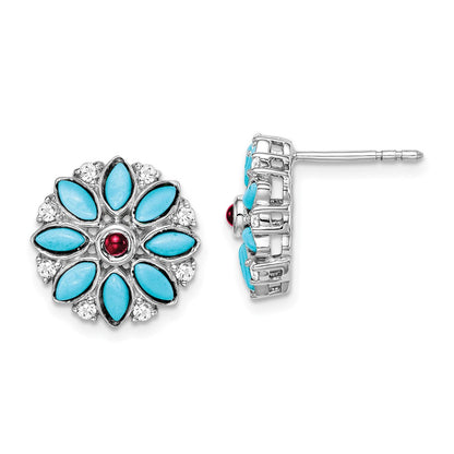 14K Weißgold Türkis/creat. Rubin/wht. Topas Blumen Ohrringe