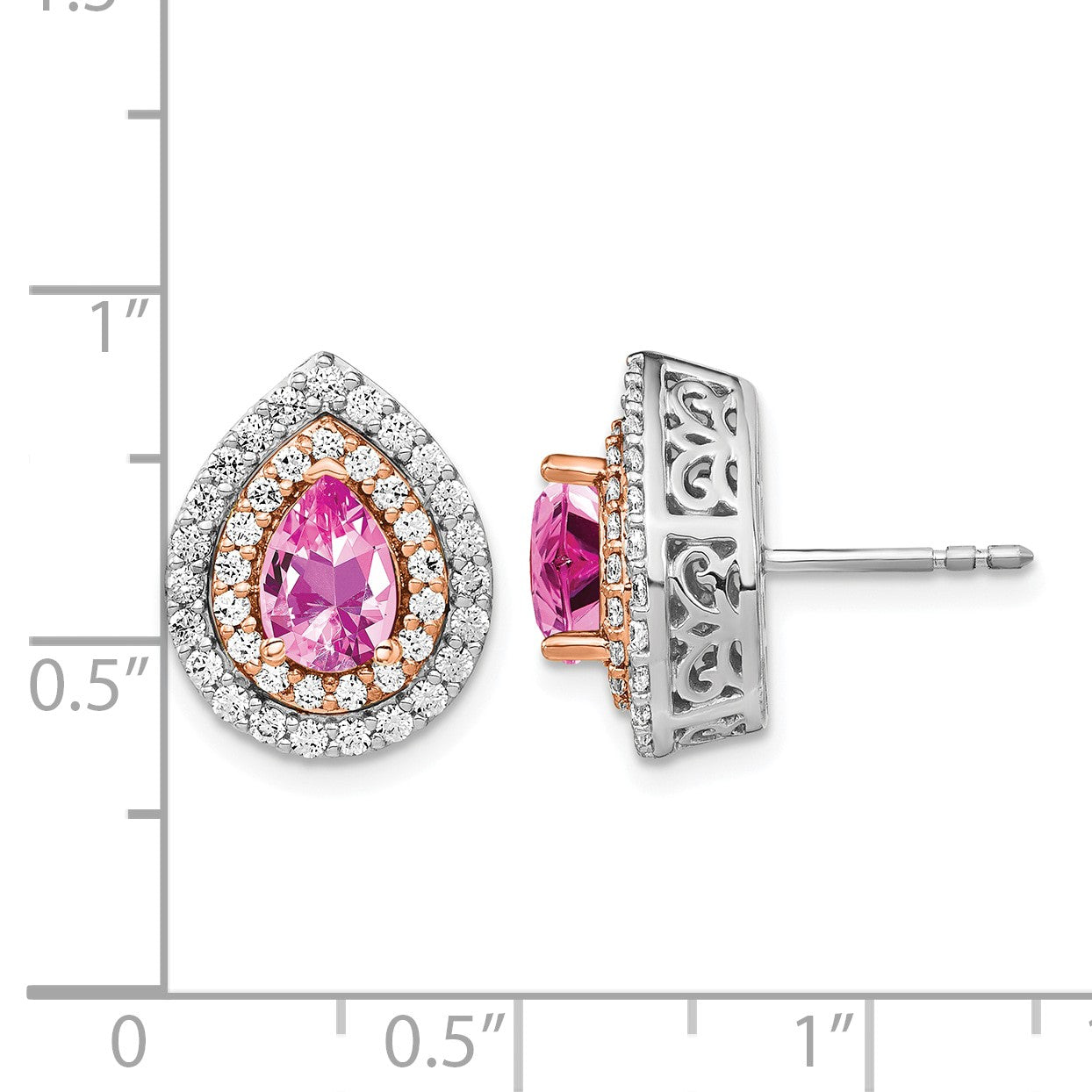 14K Weiß-/Roségold Zweifarbig Ohrringe mit 0,875 ct. im Tropfen-Fancy-Schliff, Laborgezüchteten Diamanten VS/SI+ G+ und Laborgezüchteten Pinken Saphiren, mit Ohrstecker-Verschluss