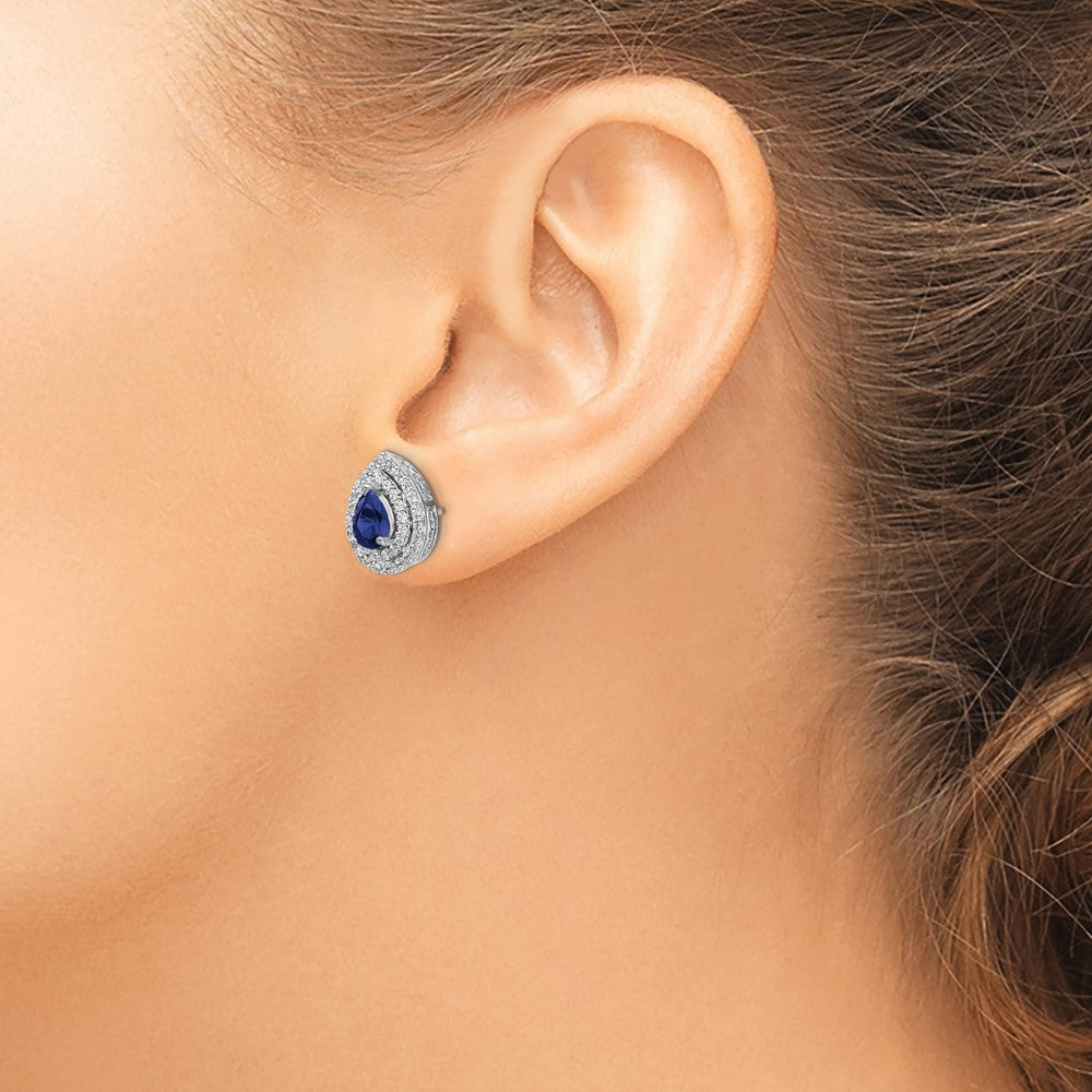 14K Weißgold Ohrringe mit Labor-Diamanten (VS/SI, FGH) und synthetischem blauem Saphir