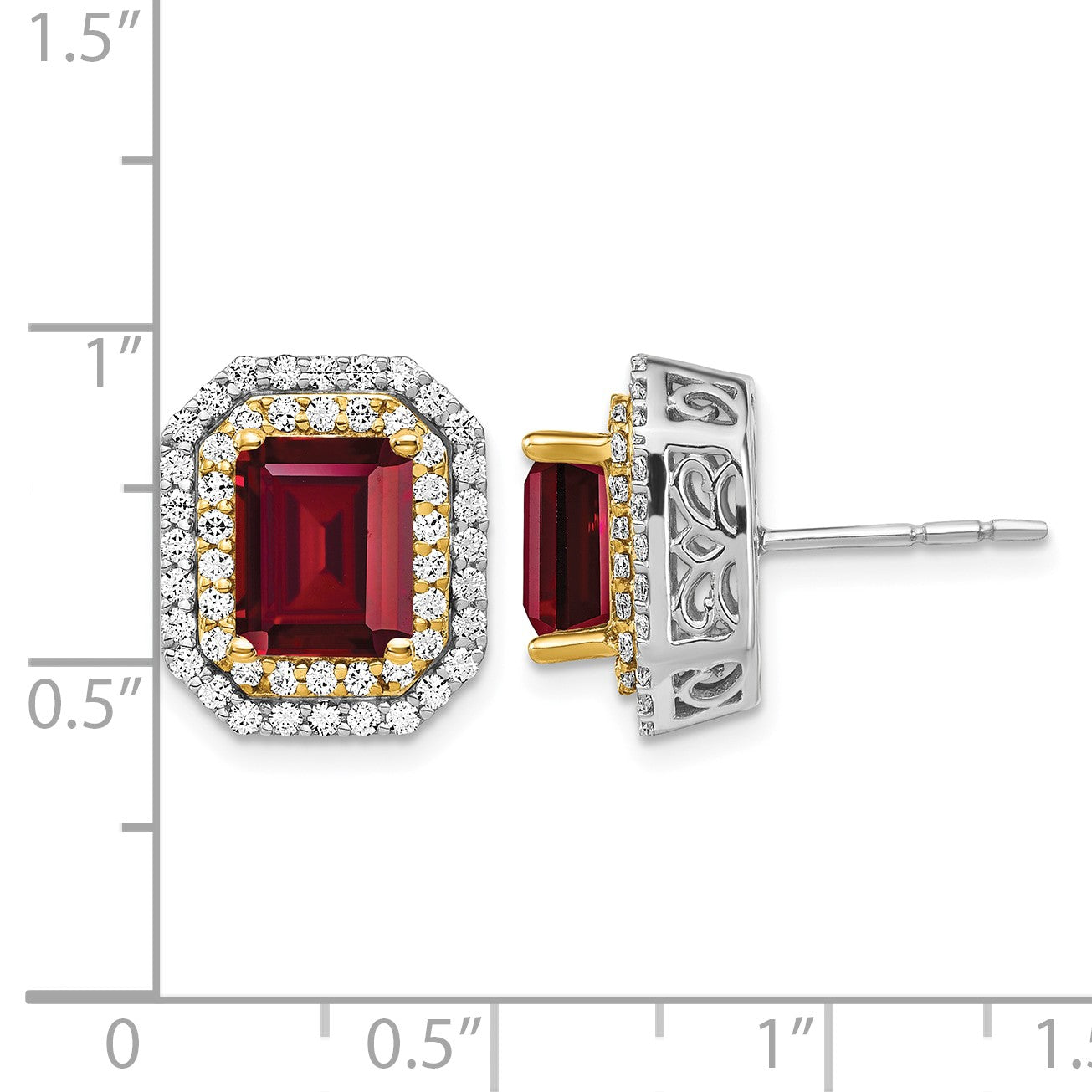 14K Bicolor Ohrringe mit Labor-Diamanten VS/SI+ G+ und synthetischem Rubin