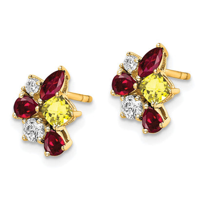 14K Gelbgold Ohrringe mit im Labor gezüchteten Diamanten VS/SI FGH und gezüchtetem Rubin und gezüchtetem Saphir