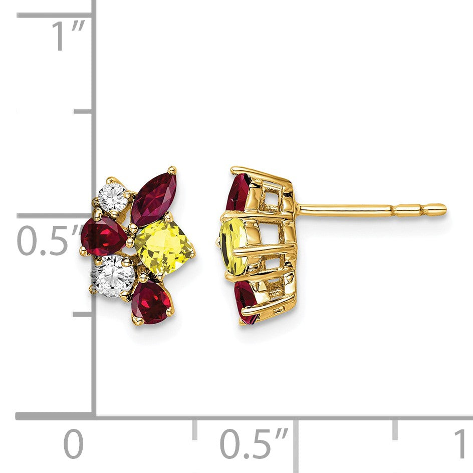 14K Gelbgold Ohrringe mit im Labor gezüchteten Diamanten VS/SI FGH und gezüchtetem Rubin und gezüchtetem Saphir
