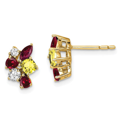 14K Gelbgold Ohrringe mit im Labor gezüchteten Diamanten VS/SI FGH und gezüchtetem Rubin und gezüchtetem Saphir