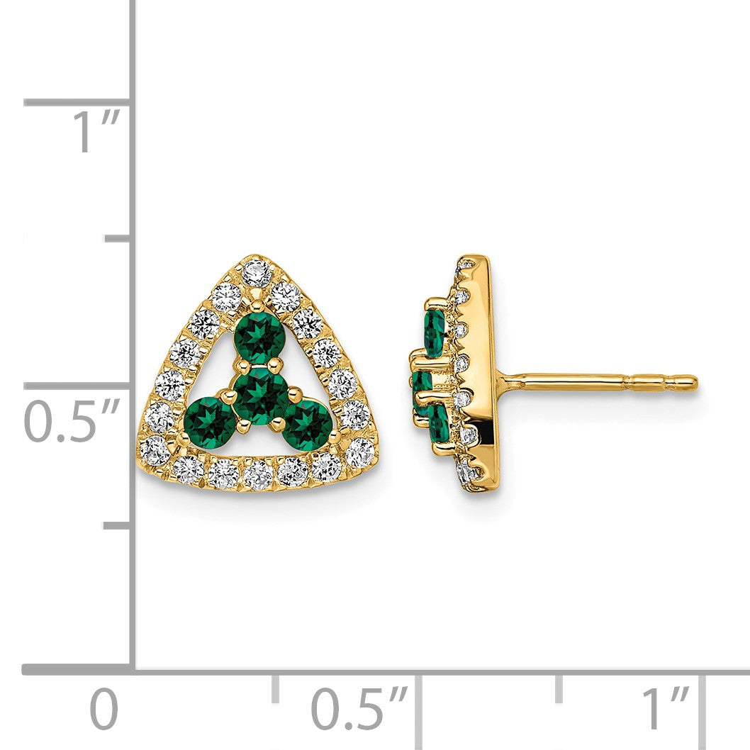 14K Gelbgold Ohrstecker mit 0,375 ct. laborgezüchteten Diamanten VS/SI+ G+ und synthetischem Smaragd, Dreieck-Design, komplett