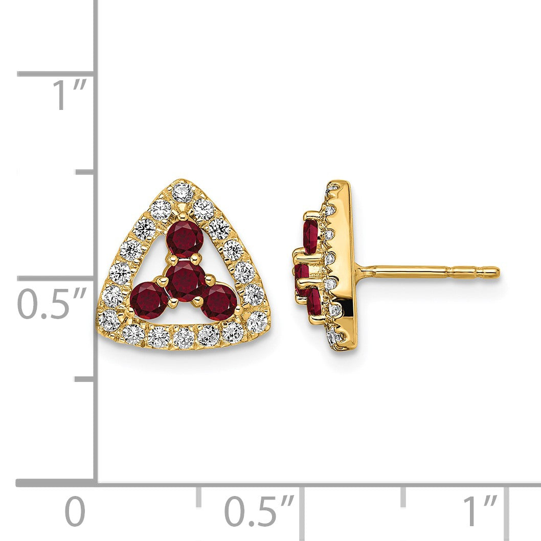 14K Gelbgold Dreieck-Ohrstecker, komplett besetzt mit 0,375 ct. Laborgezüchtetem Diamant VS/SI+ G+ und Synthetischem Rubin