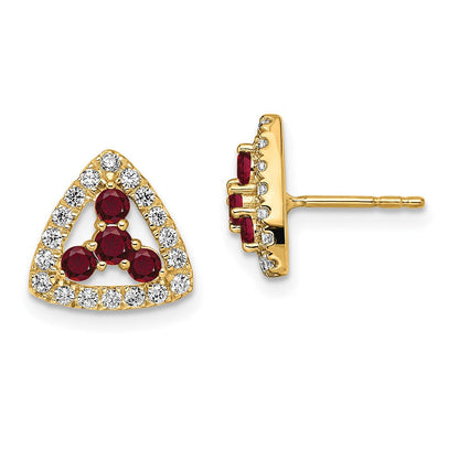 14K Gelbgold Dreieck-Ohrstecker, komplett besetzt mit 0,375 ct. Laborgezüchtetem Diamant VS/SI+ G+ und Synthetischem Rubin