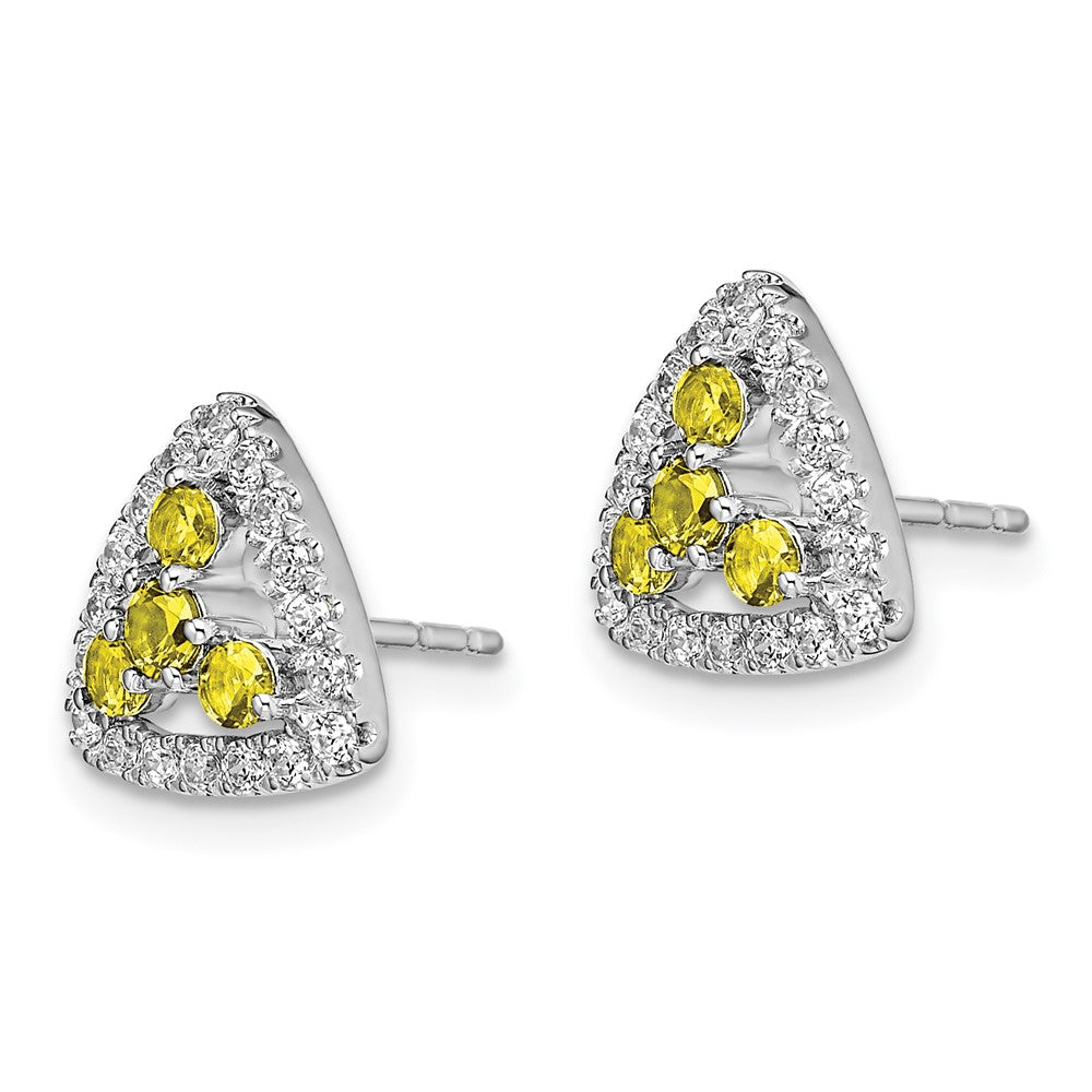 14K Weißgold Ohrstecker mit im Labor gezüchtetem Diamant VS/SI+ G+ und synthetischem gelben Saphir, Dreieck-Fassung