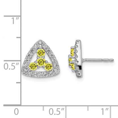 14K Weißgold Ohrstecker mit im Labor gezüchtetem Diamant VS/SI+ G+ und synthetischem gelben Saphir, Dreieck-Fassung