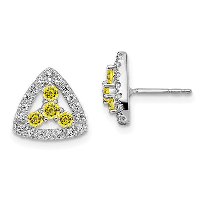 14K Weißgold Ohrstecker mit im Labor gezüchtetem Diamant VS/SI+ G+ und synthetischem gelben Saphir, Dreieck-Fassung