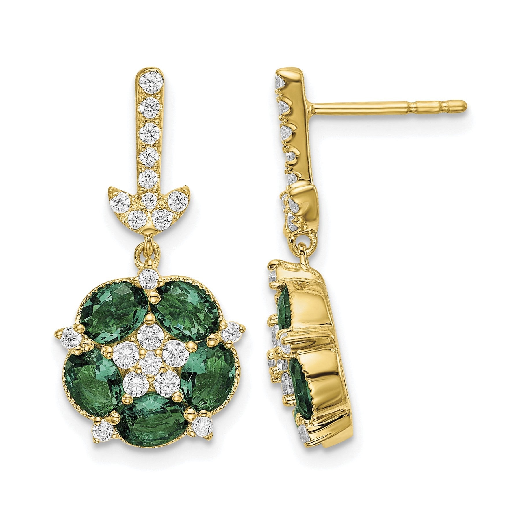 14K Gelbgold Ohrhänger mit Steckverschluss, 0,375 ct. Labor-Diamanten VS/SI+ G+ und gezüchtetem Smaragd