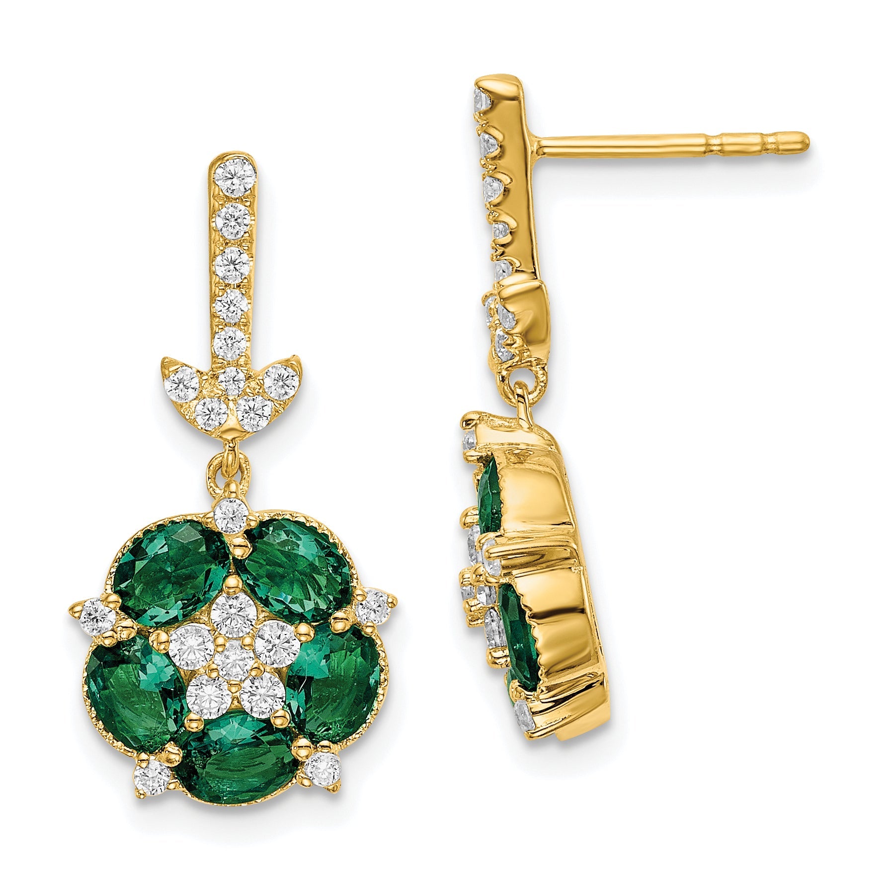 14K Gelbgold Ohrhänger mit Steckverschluss, 0,375 ct. Labor-Diamanten VS/SI+ G+ und gezüchtetem Smaragd
