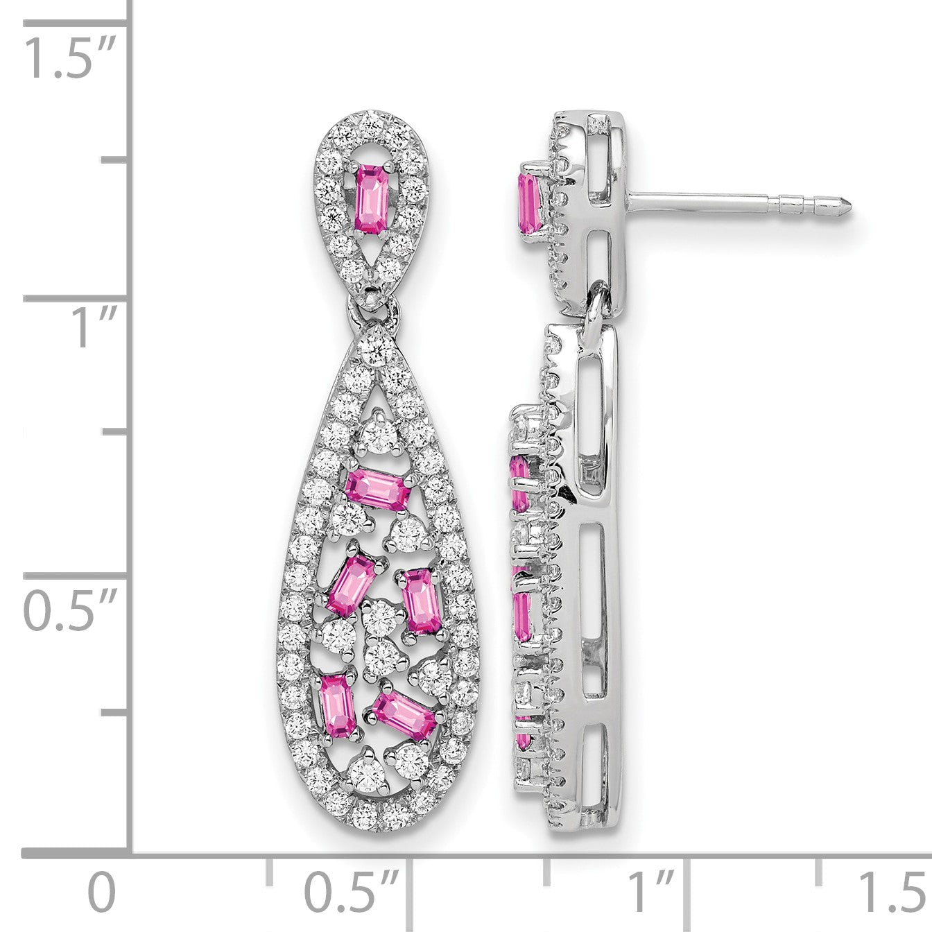Pure Serenity 14K Weißgold Ohrhänger mit 1 ct. im Labor gezüchtetem Diamant VS/SI+ G+ und im Labor gezüchtetem pinkem Saphir, Tropfenform, mit Ohrstecker-Verschluss