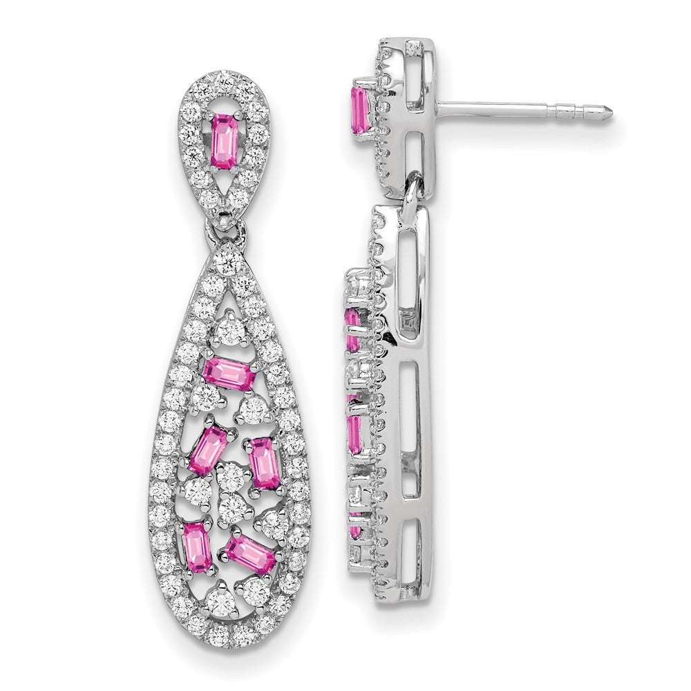 Pure Serenity 14K Weißgold Ohrhänger mit 1 ct. im Labor gezüchtetem Diamant VS/SI+ G+ und im Labor gezüchtetem pinkem Saphir, Tropfenform, mit Ohrstecker-Verschluss