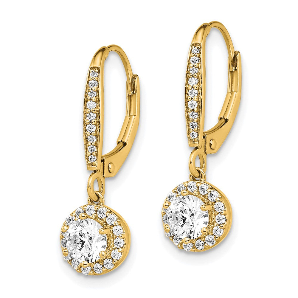 14K Gelbgold Halo-Ohrhänger mit rundem 1 ct. Labordiamant VS/SI+ G+ und Leverback-Verschluss