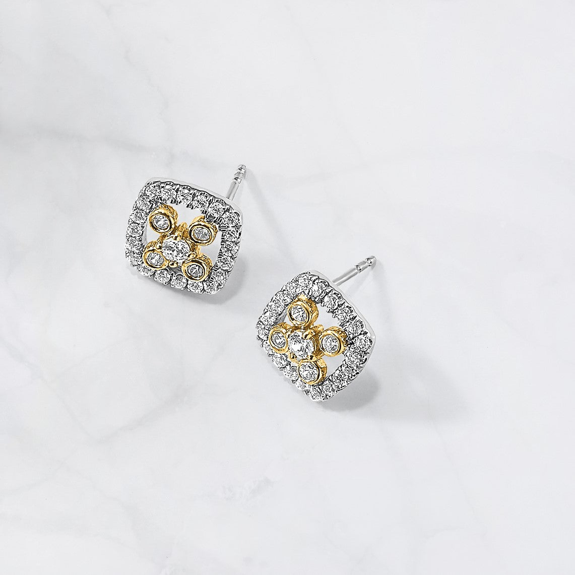 14K Bicolor Ohrstecker mit laborgezüchteten Diamanten im Fancy-Square-Schliff, VS/SI+ G+