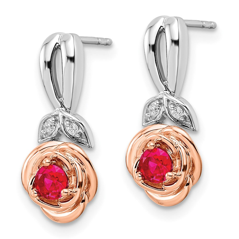 14K Gelbgold Ohrstecker, zweifarbig Weiß & Rosé, mit Rubin und echtem Diamant, Blumenform