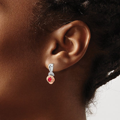 14K Gelbgold Ohrstecker, zweifarbig Weiß & Rosé, mit Rubin und echtem Diamant, Blumenform