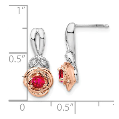 14K Gelbgold Ohrstecker, zweifarbig Weiß & Rosé, mit Rubin und echtem Diamant, Blumenform