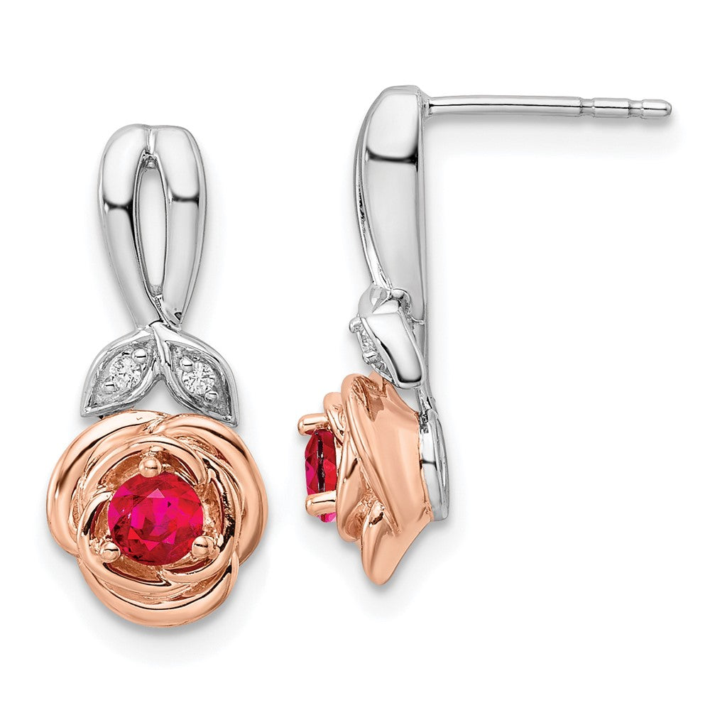 14K Gelbgold Ohrstecker, zweifarbig Weiß & Rosé, mit Rubin und echtem Diamant, Blumenform